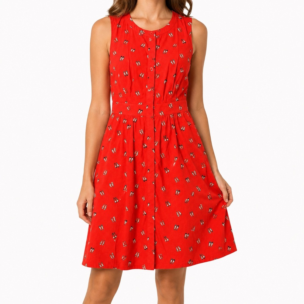 Boden Leila Fit & Flare Dress Womens 8R Red Shoes Sleeveless Button Party Modern